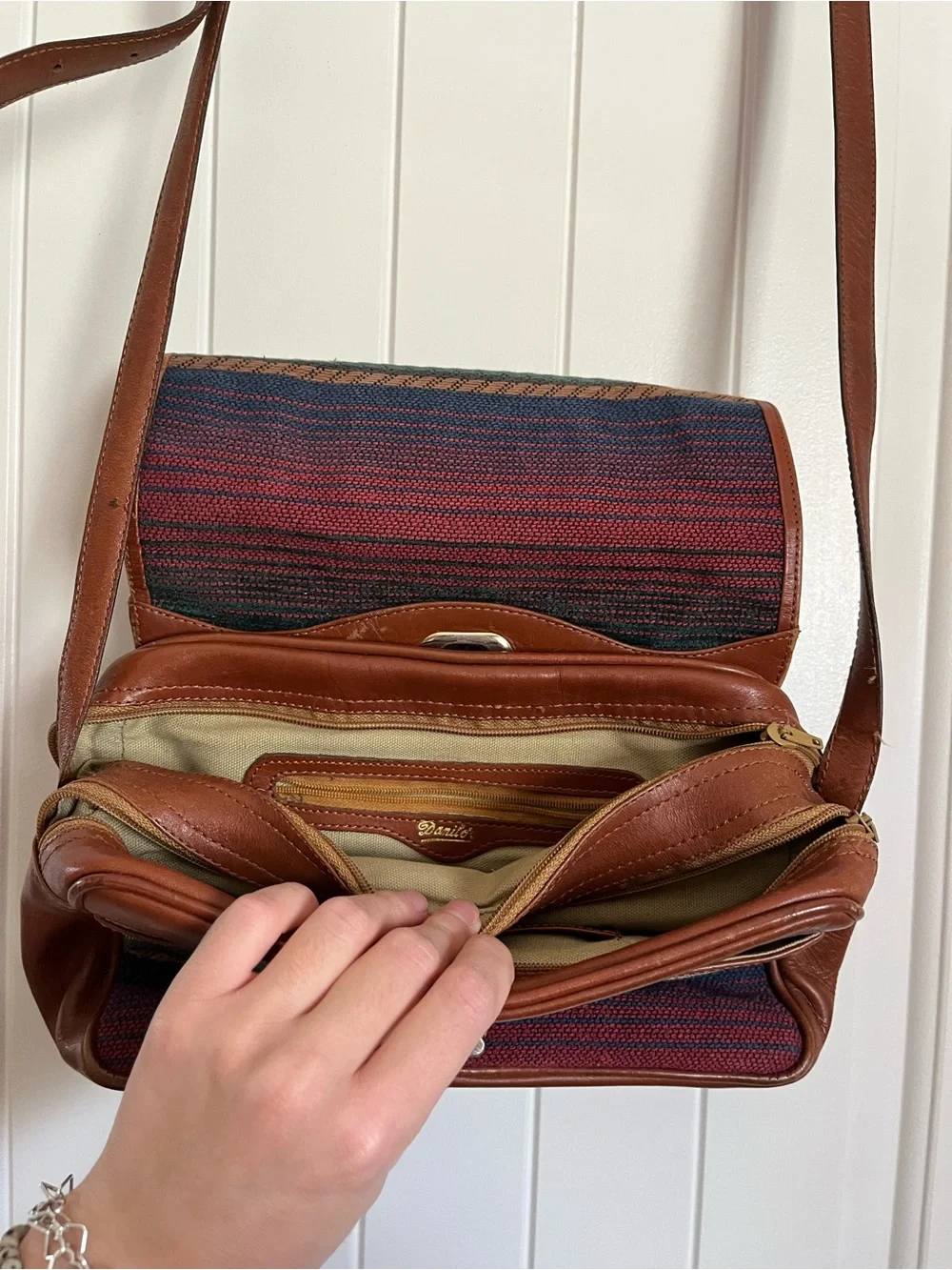 Vintage Leather-Trimmed Canvas Messenger Bag in Brown and Multicolor